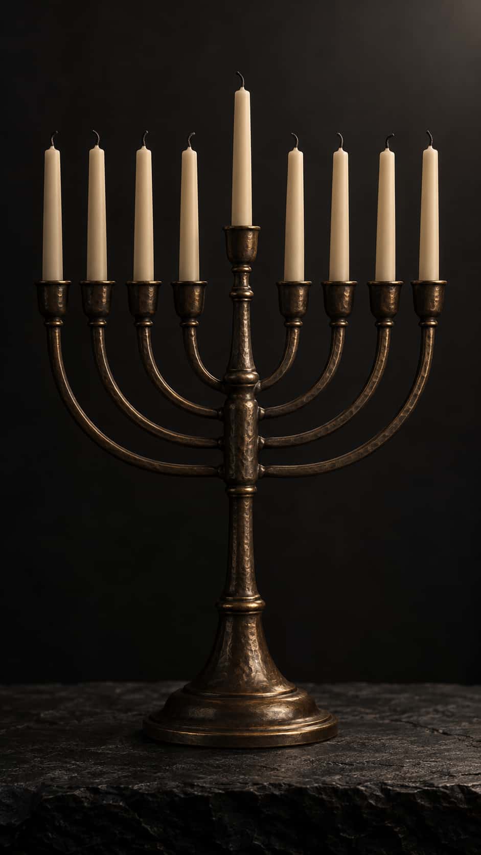 A nine branched Hanukkah menorah of dark patinated bronze with a raised centre arm and plain unlit candles stands on a charcoal slate slab in low key light.