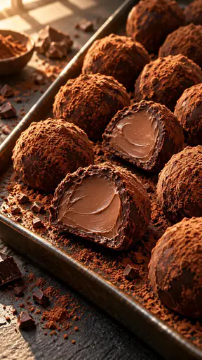 A tray of dark chocolate truffles dusted with cocoa powder with a few cut open to show the creamy ganache centre sits on a dark slate surface.
