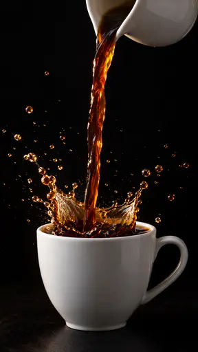 A thick stream of dark coffee pours from a plain white pitcher into a plain white cup with a crown of splash droplets leaping up against a dark backdrop.
