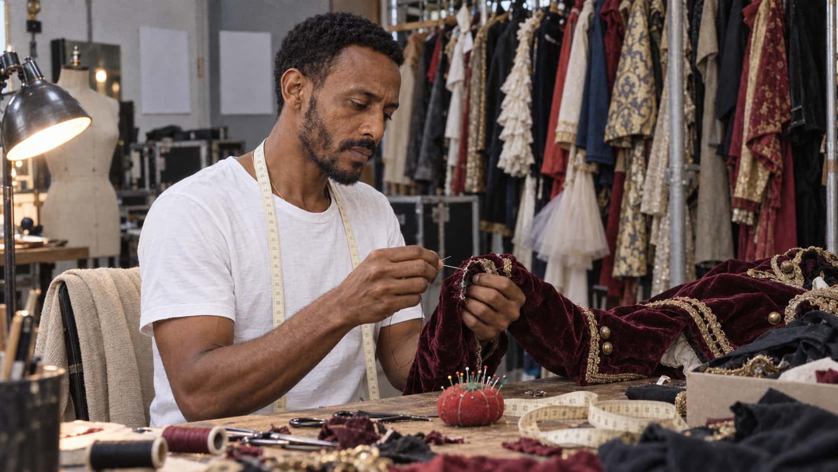 A tall lean man with dark brown skin and a neat short black beard in a white shirt with a tape measure round his neck sits at a trestle table stitching a torn velvet costume sleeve beside a full rail of colourful costumes in warm worklamp side light.