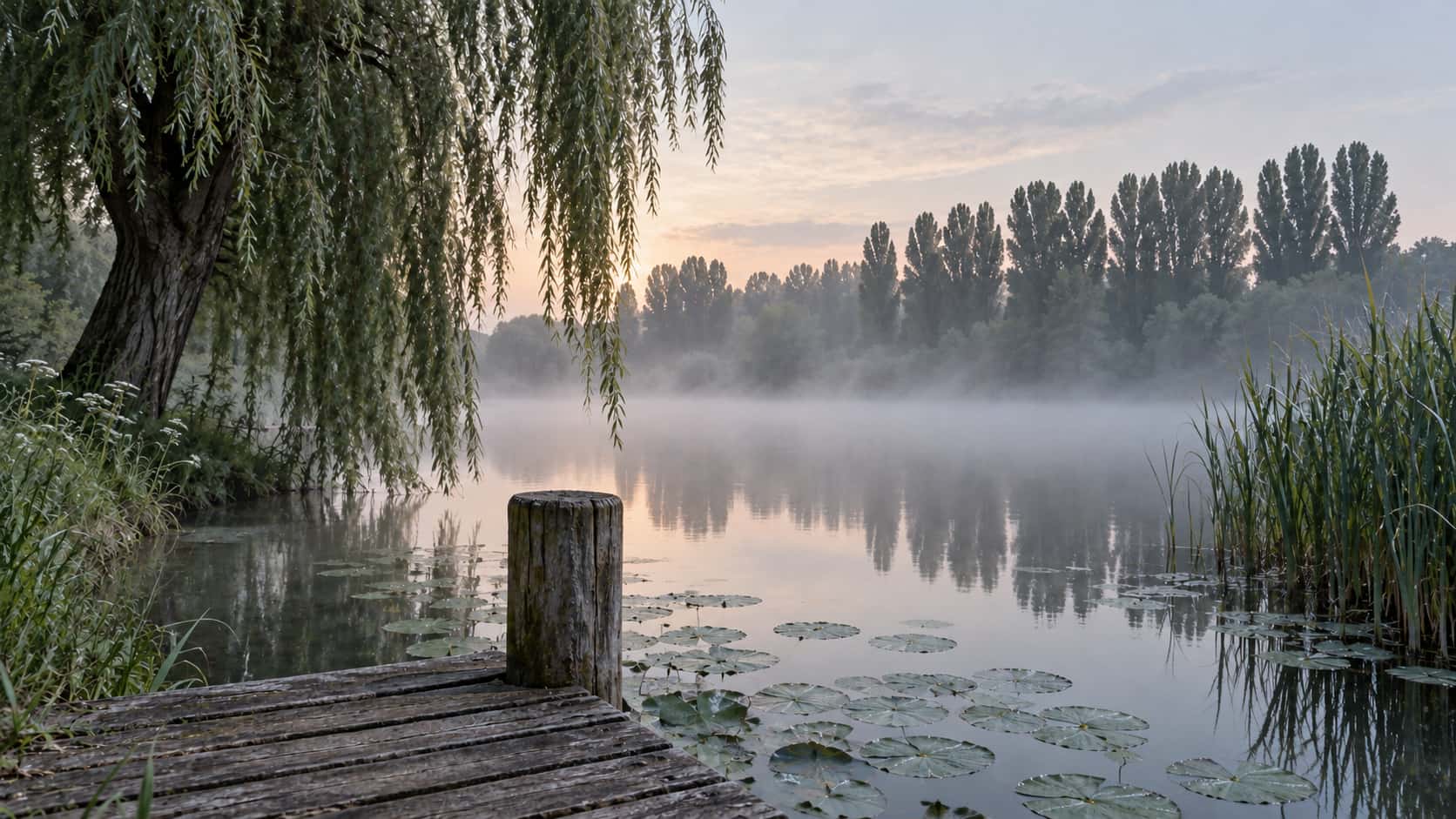 Dawn mist lies flat on a still pearl-grey pond with a weeping willow, a short wooden jetty and weathered post, a reed bed and a far line of dark poplars standing in soft silhouette in cool pale light.