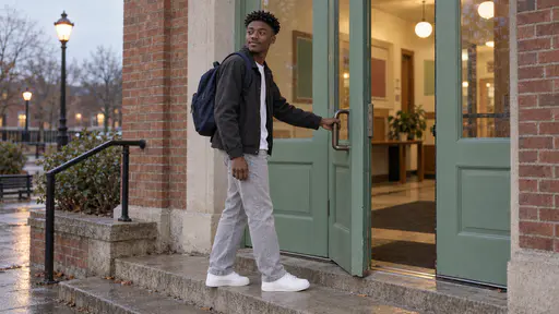 A tall young man with a coily twist-out in a charcoal jacket and navy rucksack pauses on a stone step with his hand on the handle of a pale green double door and looks back at the lit lobby with a calm smile as street lamps come on behind him.