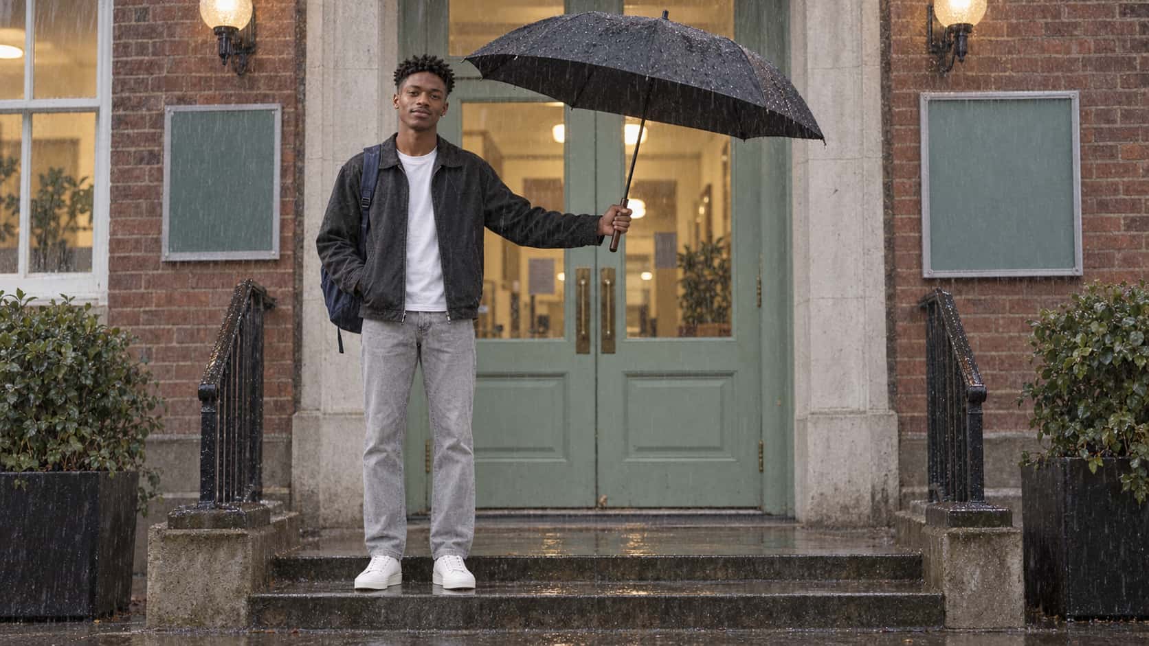 A tall young man with a coily twist-out in a charcoal jacket and navy rucksack stands on a stone step under a large black umbrella held out sideways over an empty space beside him in front of a pale green double door in steady rain.