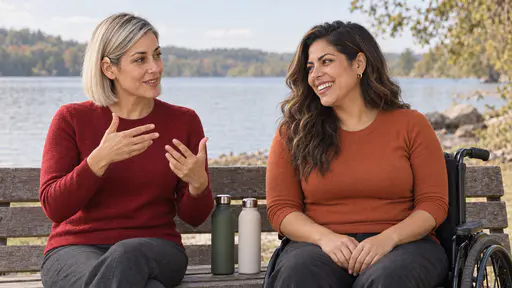A woman with a silver-blonde bob and beige hearing aids in a deep red top signs with both hands raised on a lakeside bench while a woman in a black wheelchair with long wavy dark hair laughs beside her, two water bottles on the bench and the lake behind them.