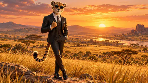 A debonair cheetah stands upright in a sleek black suit, white shirt, patterned tie and dark sunglasses in a golden grass field with rolling hills behind.