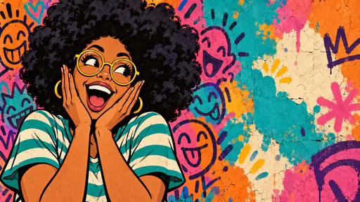 A woman with a huge puffy dark afro and round yellow glasses clasps her cheeks in comic delight in a striped teal shirt before an orange pink and violet wall of abstract doodle faces.