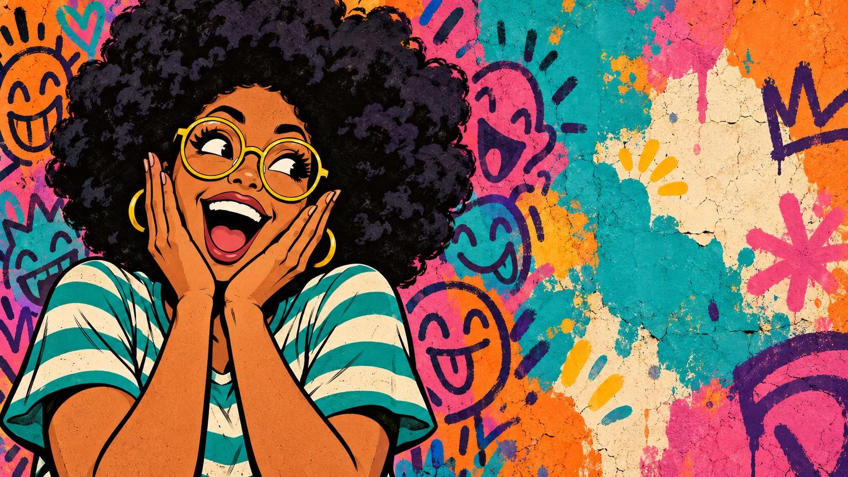 A woman with a huge puffy dark afro and round yellow glasses clasps her cheeks in comic delight in a striped teal shirt before an orange pink and violet wall of abstract doodle faces.
