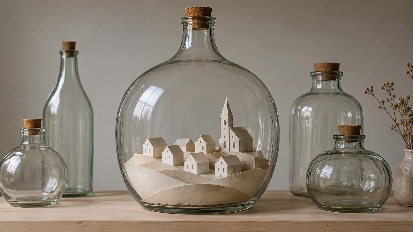 A large clear glass demijohn with a cork stopper on a pale wooden shelf cradles a miniature paper village of six tiny folded houses with pitched roofs and a paper church with a tower on a paper hillside.