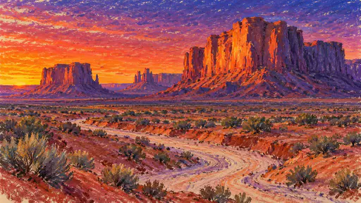 A desert landscape with sandstone mesas and buttes at sunset, their west faces blazing orange above a red sand plain and a curving dry wash.
