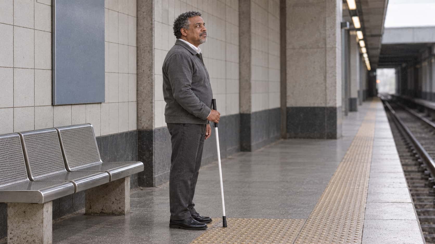 A blind man in his early fifties with a trimmed grey goatee stands waiting on a plain metro platform, his white cane resting on the tactile paving at his feet, a plain tile pattern on the wall behind him.