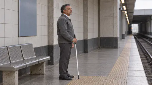 A blind man in his early fifties with a trimmed grey goatee stands waiting on a plain metro platform, his white cane resting on the tactile paving at his feet, a plain tile pattern on the wall behind him.