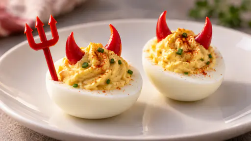 Two deviled eggs with red pepper horns and paprika on a plate, one garnished with a tiny red trident pick.