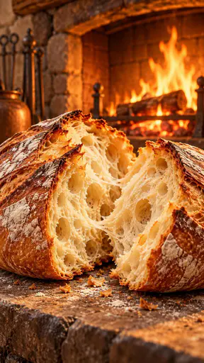 A freshly baked round sourdough loaf with a golden crackled crust is torn open to show an airy crumb on a stone ledge in front of a warm hearth fire.