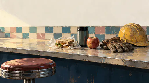 A wrapped sandwich, a thermos cup and an apple sit on a worn diner counter beside leather work gloves and a hard hat in an opaque gouache painting.
