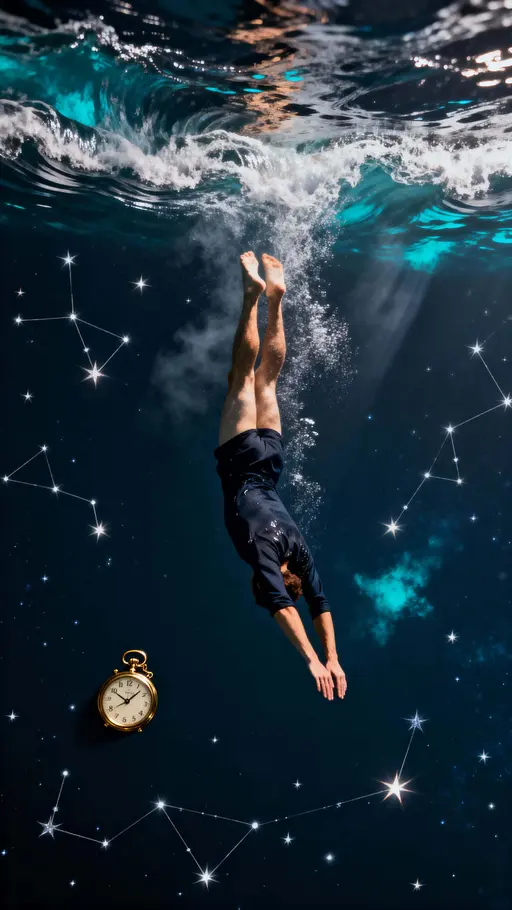 A lone figure dives downward into a night sky that has become liquid, where waves ripple with stars and constellations bend and scatter with each luminous splash, seen in a tall vertical frame.