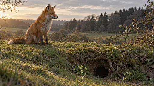 A large dog fox sits upright on the mound above an earth on a grassy bank with his chest out and ears turned toward a dark treeline, his thick russet coat edged with golden light and long shadows across the grass in low evening side light.