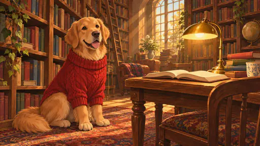 A dog wearing a knitted sweater sits among tall library shelves with an open book on a reading table and a warm lamp beside it in dusty golden light.
