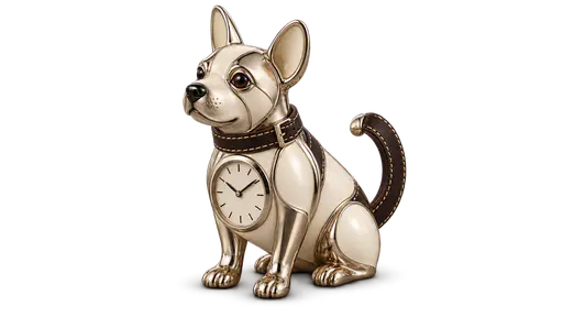 Watchdog: a small tabletop clock shaped like a seated dog in polished metal and cream enamel, a round analog clock face set flush into its chest with slim dark hands and plain tick marks, and dark leather watch strap sections wrapping its neck as a collar and curling up its back as a tail. Even…