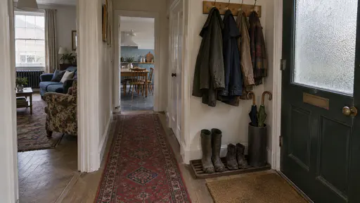 A coir doormat, a slatted boot tray with two pairs of muddy boots and an umbrella stand with two folded umbrellas sit inside a dark green front door in flat grey daylight.