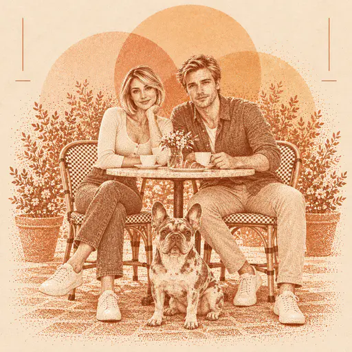 An orange-brown stippled poster depicts a couple at a cafe table with a French bulldog, leafy pots and overlapping circles behind them.