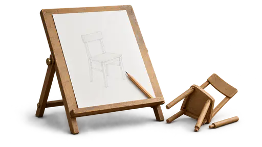 Back to the drawing board: a tilted wooden drawing board holds a fresh blank sheet with a faint new chair outline and a resting pencil pointing at it, a collapsed miniature chair prototype with a detached leg lying beside the board, isolated on transparency with a soft contact shadow.