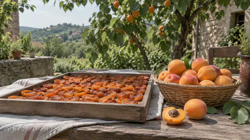 A shallow wooden tray of shrivelled amber dried apricot halves stands on a sunny garden table beside a basket of fresh orange apricots and one halved stone in bright afternoon light.