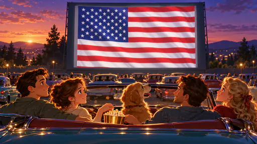 Drive in theatre at dusk with a giant waving flag on screen and families sharing popcorn. Thirteen stripes and a neat canton face the open road.