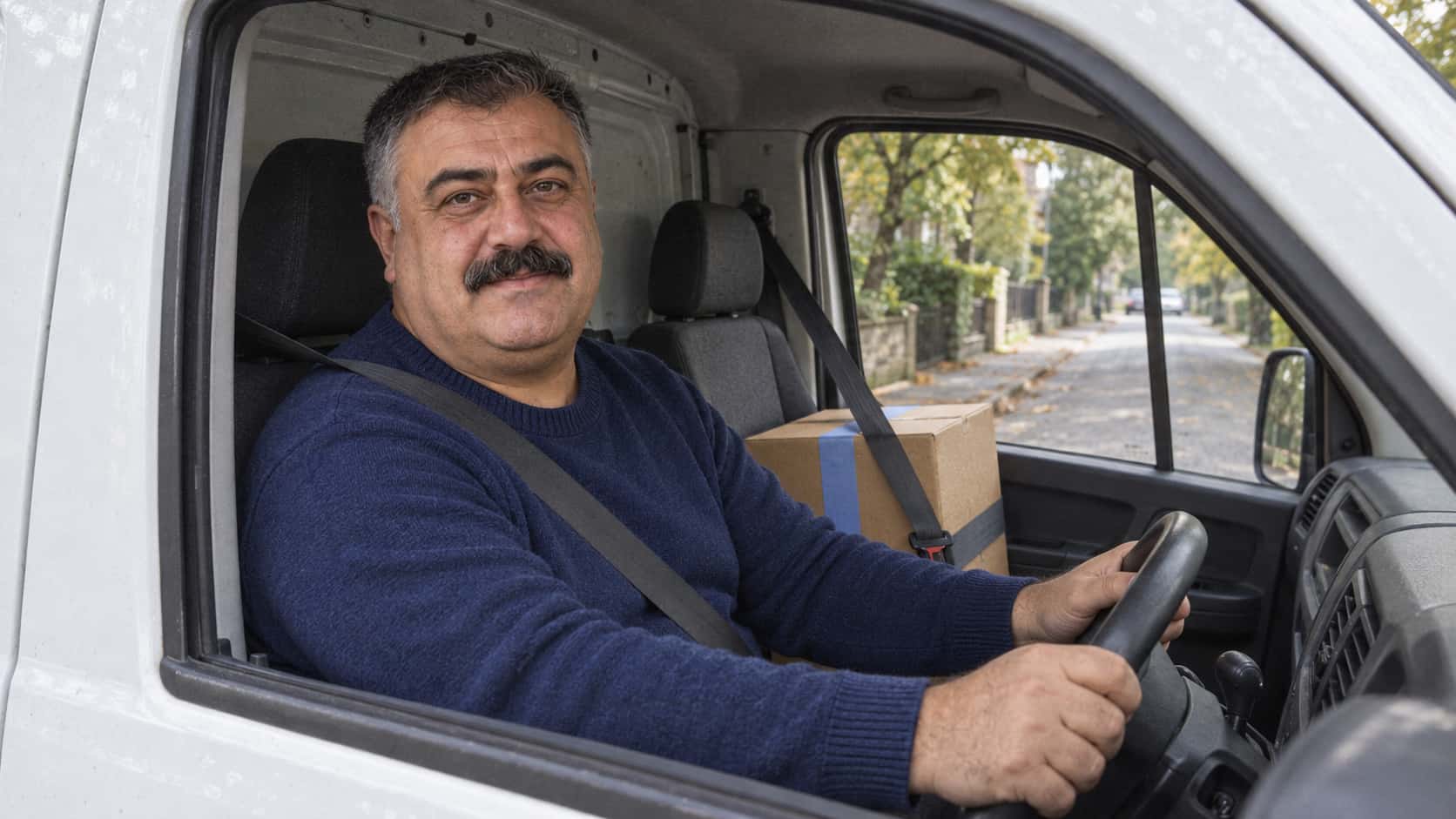 A heavyset man with a salt-and-pepper crew cut and wide moustache in a navy sweater drives a plain white van down a quiet tree-lined street with a sealed medium brown parcel held by a seat belt on the passenger seat seen through the open window in morning light.