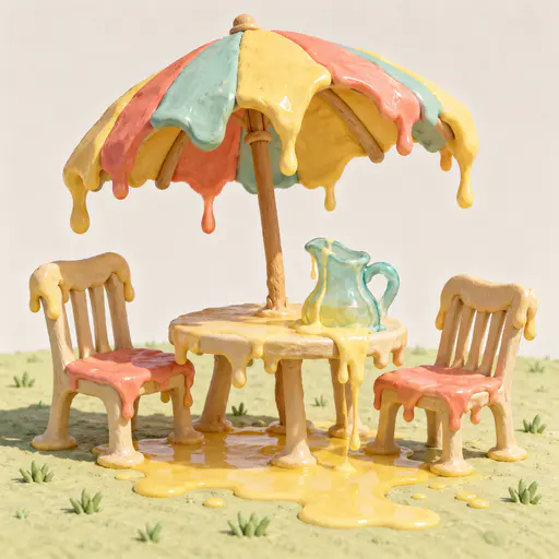 A striped polymer clay picnic umbrella droops like a wilting flower over a sagging round table and two chairs with a dripping pitcher and a butter yellow puddle on a pale lawn.