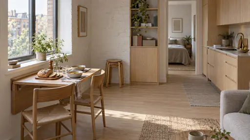 A drop-leaf oak table is folded out from the wall under a tall window in a compact flat with two plain chairs tucked at it, two bowls of soup and a loaf on a board set for a meal and a stool stacked against the wall.