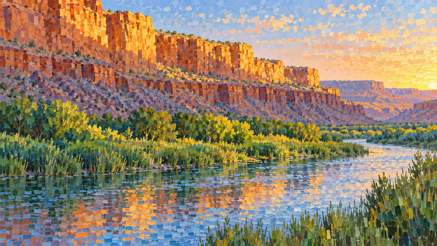 A dry stepped orange canyon wall drops to a greener riverbank of reeds and willows beside a slow river, painted in separate patches in late golden light.