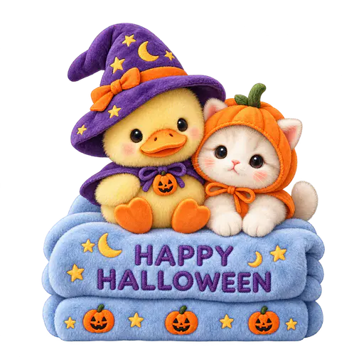 Transparent cutout of a plush yellow duck in a purple witch hat and cream kitten in an orange pumpkin costume sitting on folded blue blankets with stars, moons, pumpkins and purple HAPPY HALLOWEEN embroidery.