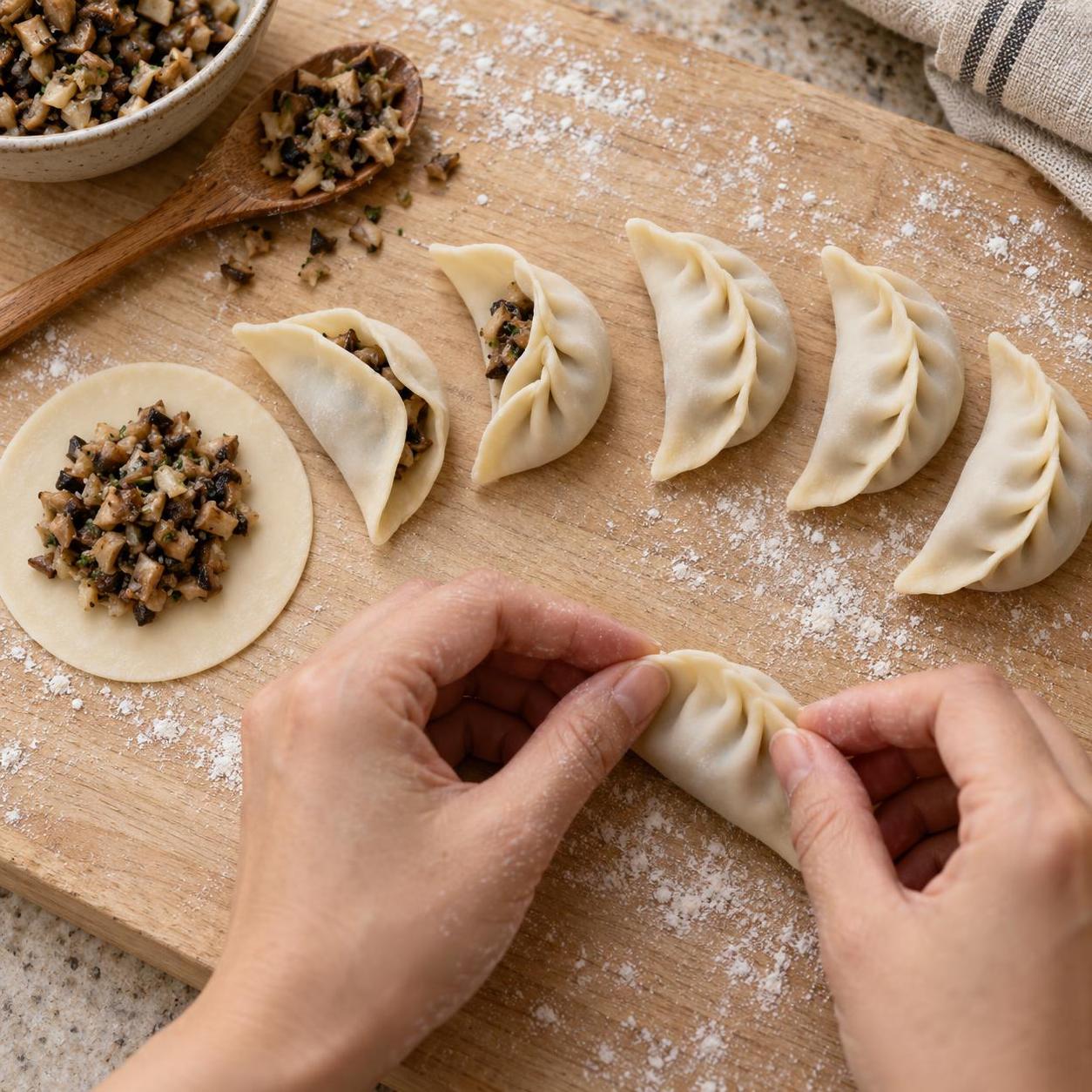 Hands pinch a mushroom-filled dumpling on a pale board beside open wrappers and three sealed crescents.