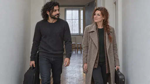 A slim bearded man with wavy black hair carries a guitar case and a freckled woman with a loose auburn braid carries a violin case along a pale corridor toward an open rehearsal room door in cool morning light.