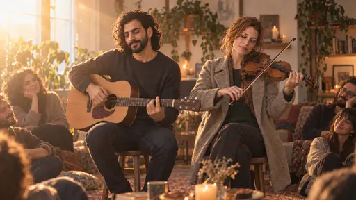 A slim bearded man strums a guitar and a freckled woman with a loose auburn braid plays a violin with her eyes closed on two stools in a warm living room, a few neighbours seated listening, strong low evening sun laying a golden veil across the scene.