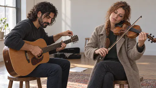 A slim bearded man bends over an acoustic guitar and a freckled woman with a loose auburn braid holds a violin under her chin, tuning together on two stools in a small rehearsal room with pale walls and one tall window in soft light.