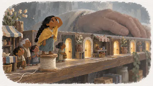 Dust motes drift across a wooden shelf in grey light as the edge of one enormous sleeping hand rests on the far horizon beyond tiny lit doorways while a thumb-sized Samoan woman with a long black braid and mustard shawl stands on a spool shading her eyes and looking up.