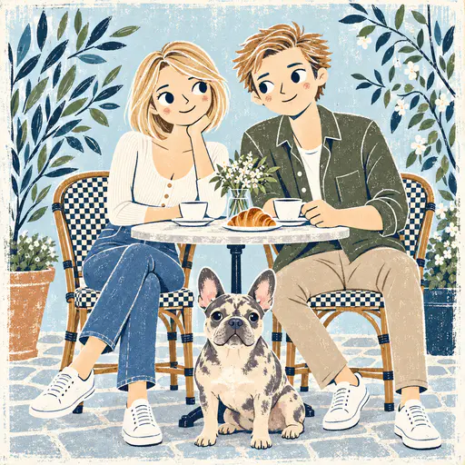 Dusty blue printmaking-style illustration of a couple and their French bulldog at a café table with botanical frame