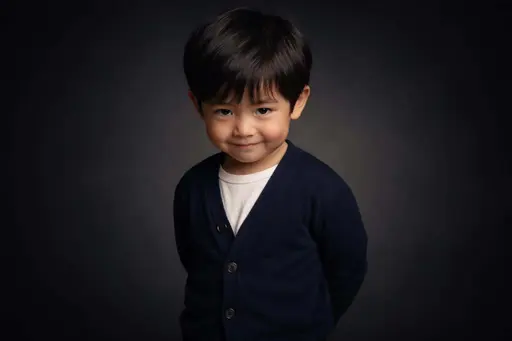 Wide 3:2 cinematic studio portrait of a four-year-old East Asian boy with straight black hair and light skin, smirking with chin tucked and hands clasped behind his back against a near-black gradient backdrop.