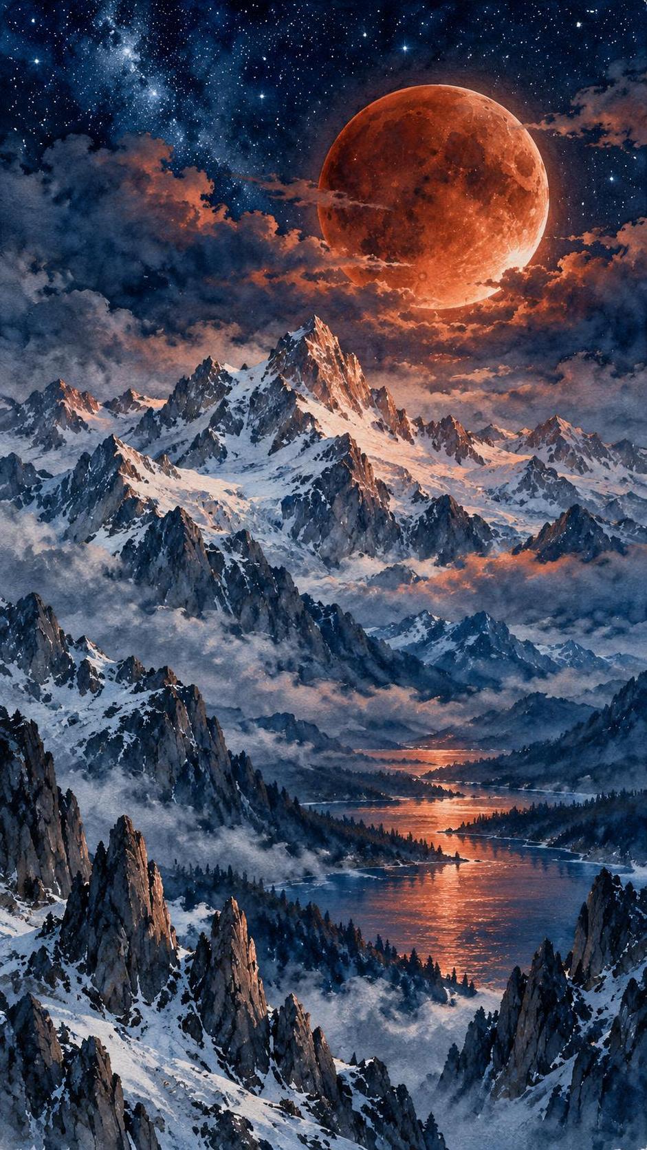 A total lunar eclipse with a deep copper red moon rises over a jagged mountain range with snow on the peaks under a starry sky.