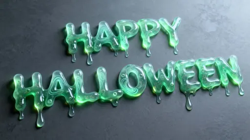 Full-frame 16:9 view of suspended ectoplasmic “HAPPY HALLOWEEN” letters formed from semi-transparent bioluminescent green slime with internal refractions, tiny bubbles, faint particulate swirls, soft top gloss highlights and cool ambient gl