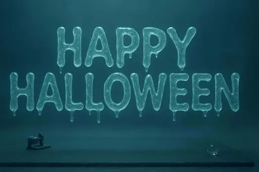 Suspended ectoplasmic slime forms the phrase "HAPPY HALLOWEEN" in a playful paranormal 3:2 scene, semi-transparent bioluminescent strokes with internal refractions and trapped bubbles for a glossy, eerie mood.