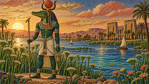 The Egyptian crocodile god Sobek, a crocodile-headed man with a sun disc and horns, stands among papyrus reeds at the Nile with palms and a pylon in jewelled beads.