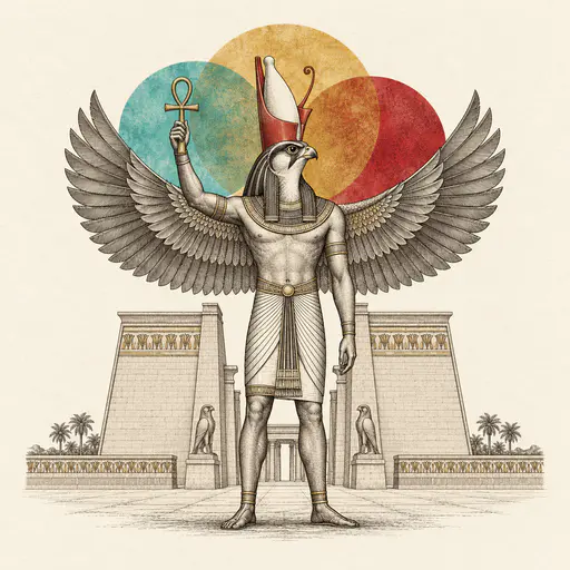 The Egyptian sky god Horus, a falcon-headed man in the double crown with spread falcon wings and a raised ankh, stands before a pylon with turquoise, gold and red discs in fine engraved lines.