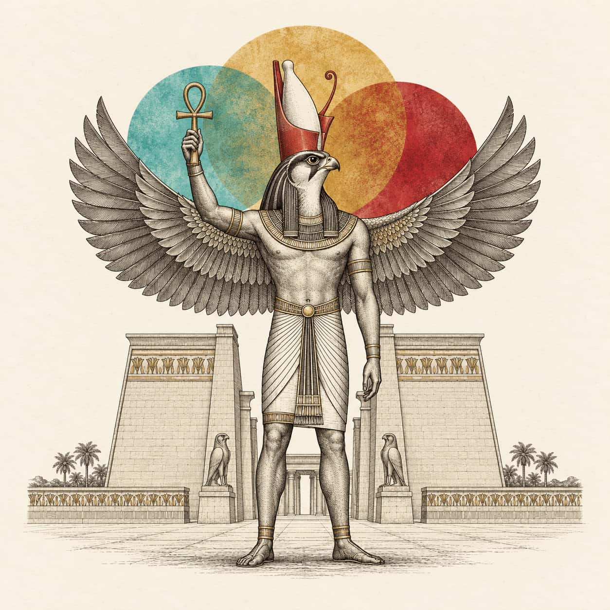 The Egyptian sky god Horus, a falcon-headed man in the double crown with spread falcon wings and a raised ankh, stands before a pylon with turquoise, gold and red discs in fine engraved lines.