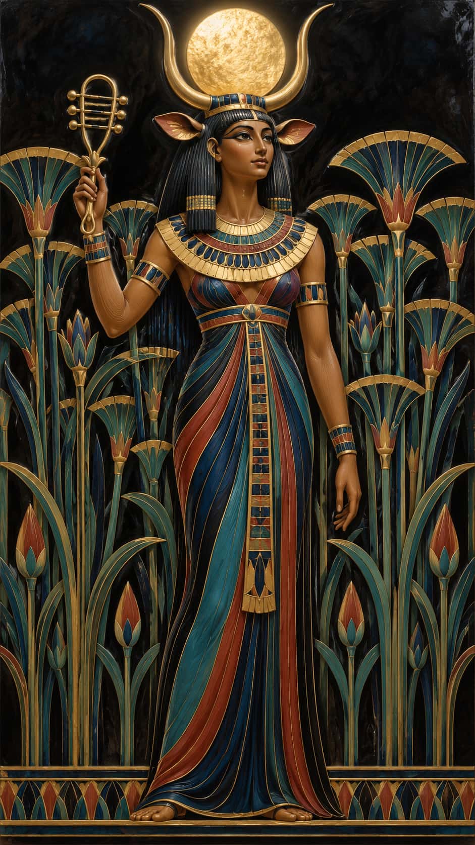 The Egyptian goddess Hathor with cow ears and a golden sun disc between horns, a beaded collar and a sistrum stands before a papyrus thicket in nested cut lacquer layers.