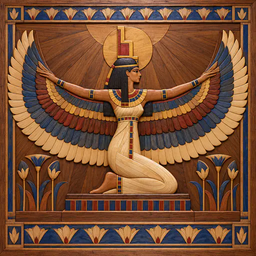 The Egyptian goddess Isis kneels with great outstretched feathered wings in a long sheath dress and a throne-shaped crown within a lotus blossom border in inlaid wood.