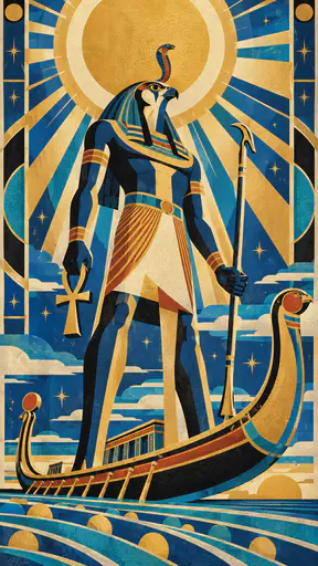 The Egyptian sun god Ra, a falcon-headed man with a golden sun disc and rearing cobra, stands in his solar barque holding an ankh and a was sceptre in bold planes.