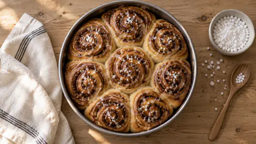 From above: a round metal tin of eight risen cinnamon buns with brown spirals and glossy glaze, a bowl of pearl sugar with a wooden spoon at the right, and a striped linen cloth at the left on a pale oak table in morning light.