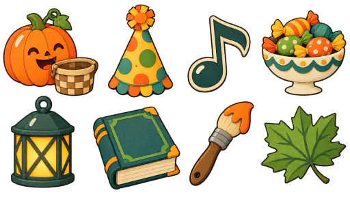 Icon set of eight layered cut-paper Halloween party-game icons on a transparent background: a pumpkin tossed toward a basket, a party hat, a music note, a candy bowl, a lantern, a storybook, a paintbrush and a maple leaf, each a separate friendly cut-paper piece for halloween party game icons and classroom craft sheets.